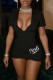 Black Fashion Casual Letter Print Basic Zipper Collar Skinny Romper