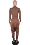 Coffee Fashion Casual Solid Basic O Neck Long Sleeve Two Pieces