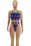 Blue Fashion Sexy Print Backless Swimwears