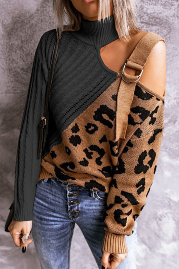 Black Sexy Leopard Webbing Patchwork Turtleneck Tops