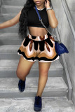 Black Sexy Casual Print Basic O Neck Sleeveless Two Pieces