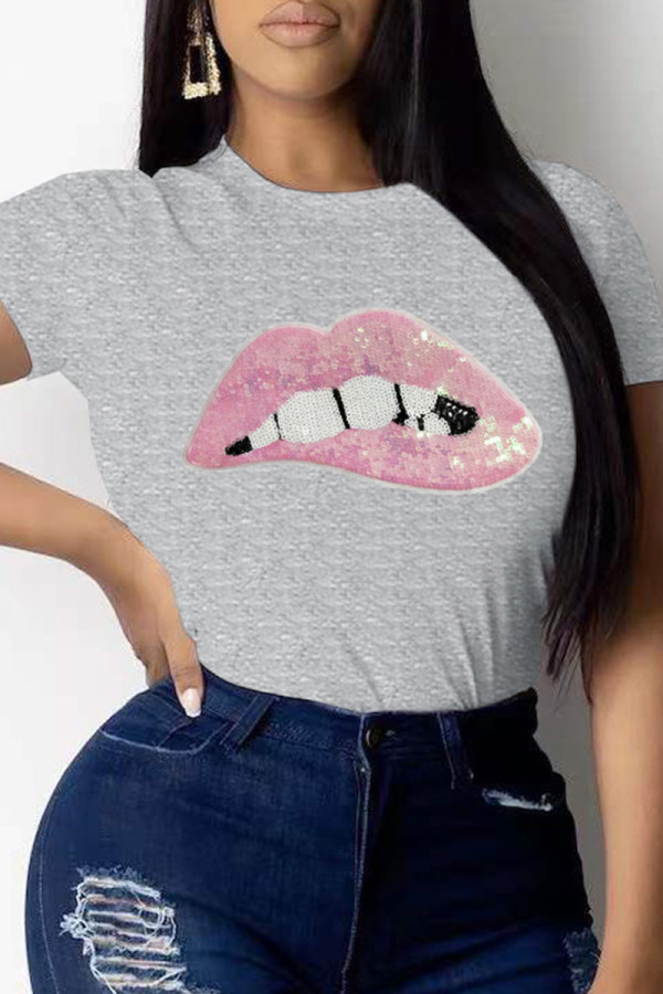 Grey Fashion Casual Patchwork Sequins O Neck T-Shirts