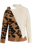 Brown Sexy Leopard Webbing Patchwork Turtleneck Tops