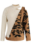 Brown Sexy Leopard Webbing Patchwork Turtleneck Tops