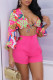 Rose Red Fashion Sexy Print Bandage Hollowed Out V Neck Long Sleeve Two Pieces