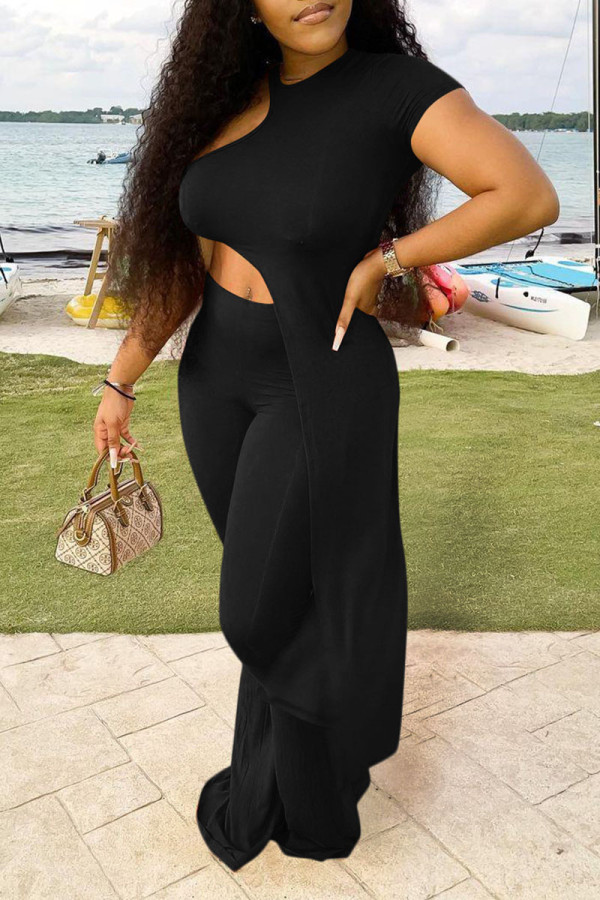 Black Sexy Solid Hollowed Out Patchwork Asymmetrical O Neck Short Sleeve Two Pieces