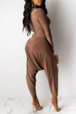 Coffee Fashion Casual Solid Basic O Neck Long Sleeve Two Pieces