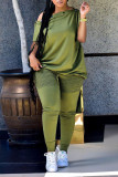 Army Green Casual Solid Patchwork Oblique Collar Short Sleeve Two Pieces
