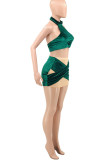 Green Sexy Solid Patchwork See-through Backless Sleeveless Two Pieces