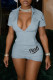 Light Blue Fashion Casual Letter Print Basic Zipper Collar Skinny Romper