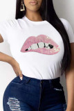 White Fashion Casual Patchwork Sequins O Neck T-Shirts