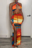 Colour Sexy Print Bandage Hollowed Out Patchwork Slit Asymmetrical Halter Sleeveless Two Pieces