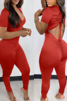 Red Sexy Solid Split Joint Backless V Neck Regular Jumpsuits