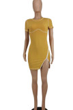 Yellow Sexy Solid Patchwork Zipper O Neck Pencil Skirt Dresses