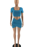 Baby Blue Sexy Solid Split Joint U Neck Short Sleeve Two Pieces