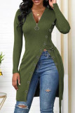 Dark Green Fashion Casual Solid Patchwork Slit Zipper V Neck Tops