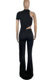 Black Sexy Solid Hollowed Out Patchwork Asymmetrical O Neck Short Sleeve Two Pieces