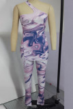 Purple Sexy Print Patchwork Slit Asymmetrical Asymmetrical Collar Sleeveless Two Pieces