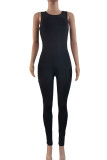 Black Casual Sportswear Solid Basic O Neck Skinny Jumpsuits
