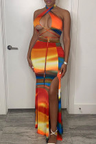 Colour Sexy Print Bandage Hollowed Out Split Joint Slit Asymmetrical Halter Sleeveless Two Pieces
