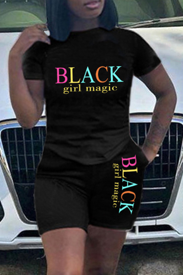 Black Fashion Casual Letter Print Basic O Neck Short Sleeve Two Pieces