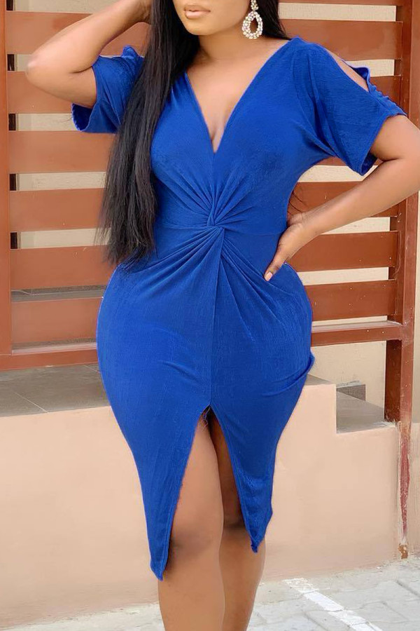 Blue Fashion Casual Solid Hollowed Out Slit V Neck Short Sleeve Dress