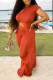 Tangerine Sexy Solid Hollowed Out Patchwork Asymmetrical O Neck Short Sleeve Two Pieces