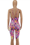 Purple Fashion Sexy Print Backless V Neck Skinny Romper
