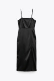 Black Fashion Sexy Solid Backless Slit Square Collar Sling Dress