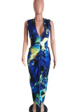 Blue Sexy Print Patchwork Slit Fold V Neck One Step Skirt Dresses