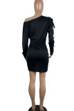 Black Sexy Solid Split Joint Draw String Fold Asymmetrical Oblique Collar Pencil Skirt Dresses