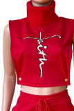 Red Sexy Solid Embroidered Hollowed Out Patchwork Turtleneck Sleeveless Two Pieces