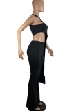 Black Sexy Solid Hollowed Out Patchwork Asymmetrical O Neck Short Sleeve Two Pieces