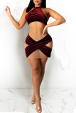 Green Sexy Solid Patchwork See-through Backless Sleeveless Two Pieces
