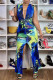 Blue Sexy Print Patchwork Slit Fold V Neck One Step Skirt Dresses
