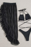 Black Sexy Solid Split Joint See-through Flounce Asymmetrical Swimwears