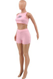 Pink Sexy Print Patchwork O Neck Sleeveless Two Pieces