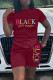 Burgundy Fashion Casual Letter Print Basic O Neck Short Sleeve Two Pieces