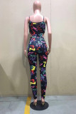 Black Fashion Sexy Print Hollowed Out Backless Spaghetti Strap Skinny Jumpsuits