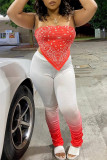 Red Fashion Sexy Print Backless Fold Asymmetrical Strapless Sleeveless Two Pieces