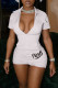 White Fashion Casual Letter Print Basic Zipper Collar Skinny Romper
