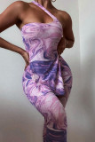 Purple Sexy Print Patchwork Slit Asymmetrical Asymmetrical Collar Sleeveless Two Pieces