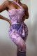 Purple Sexy Print Patchwork Slit Asymmetrical Asymmetrical Collar Sleeveless Two Pieces