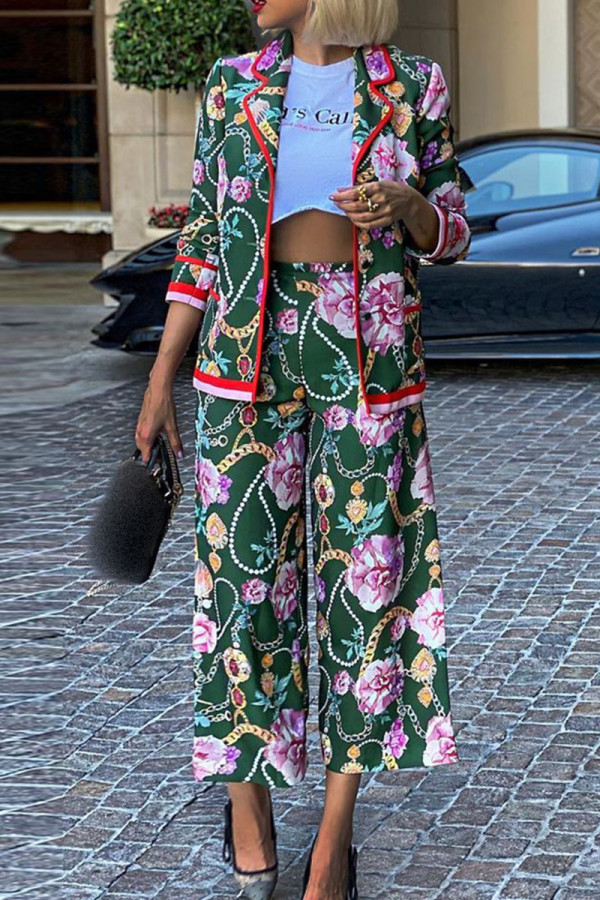 Green Fashion Casual Print Patchwork Buckle Turn-back Collar Long Sleeve Two Pieces