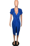 Blue Fashion Casual Solid Hollowed Out Slit V Neck Short Sleeve Dress
