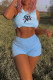 Sky Blue Sexy Print Patchwork O Neck Sleeveless Two Pieces