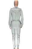 White Fashion Casual Adult Solid Draw String Hooded Collar Skinny Jumpsuits