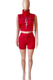 Red Sexy Solid Embroidered Hollowed Out Patchwork Turtleneck Sleeveless Two Pieces