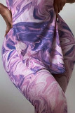 Purple Sexy Print Patchwork Slit Asymmetrical Asymmetrical Collar Sleeveless Two Pieces