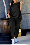 Black Casual Solid Patchwork Oblique Collar Short Sleeve Two Pieces